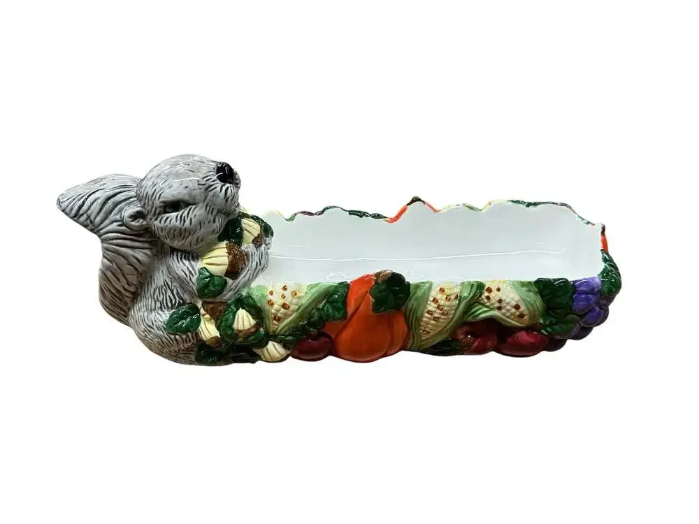 Vintage Ceramic Squirrel Cracker Tray with Autumn Harvest Fruits and Nuts